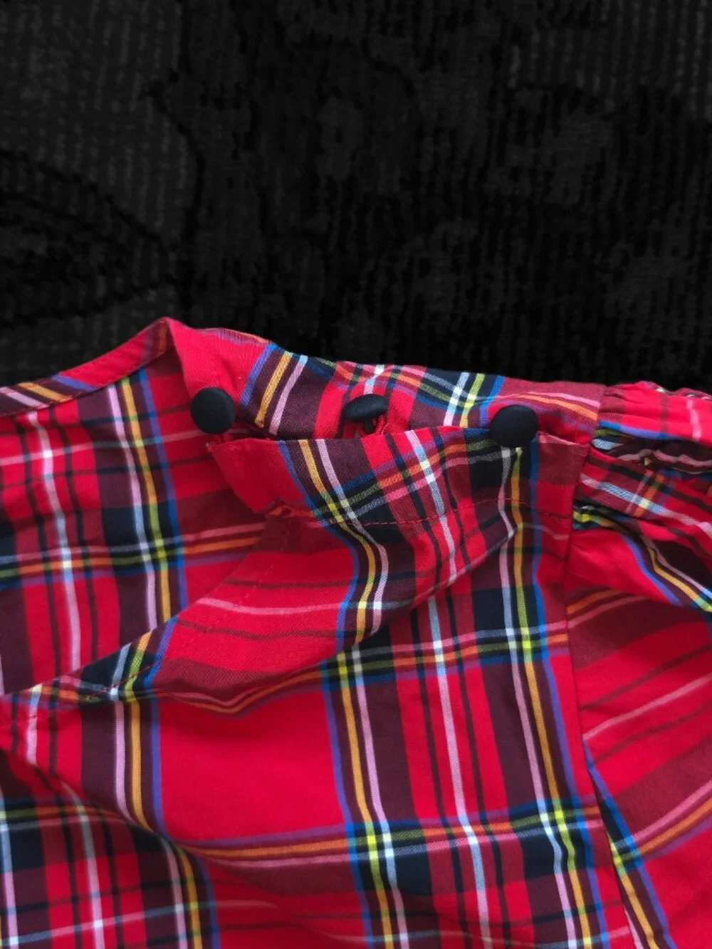 J. Crew Red Ruffle 3/4 Puff Sleeve in Stewart Tartan Black Button Detail EUC Med